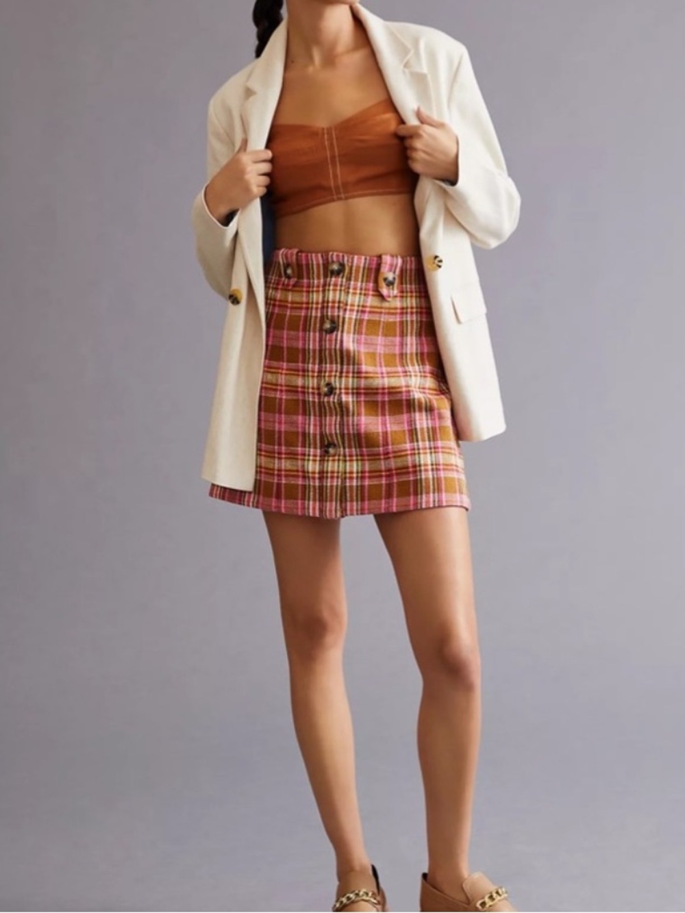 Preppy Anthropologie Pink and Brown Plaid Button-Front Mini Skirt